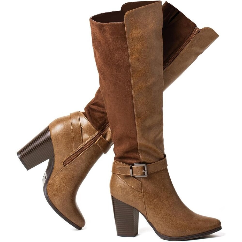 Women's Heeled Brown Knee High Boots Zip Up Chunky Heel Tall Boots for Womens